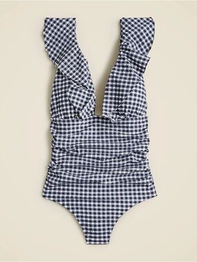 J.Crew || Ruffle V-Neck Ruched One Piece Swimsuit Classic Gingham Navy 8 NWT